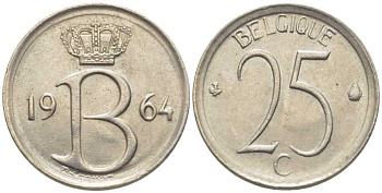 Бельгия 25 сантимов 1964 Belgique, Бодуэн I (1951-1993) KM 153.1 медно-никель 116-949