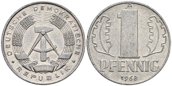 ГДР 1 пфенниг 1968 A KM 8.1 алюминий 99-1017