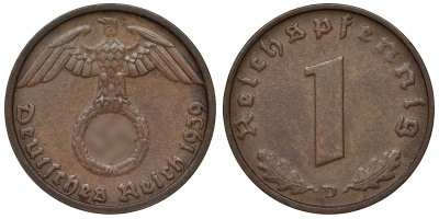 Германия 1 рейхспфенниг 1939 D KM 89, J. 361 бронза 4124-157