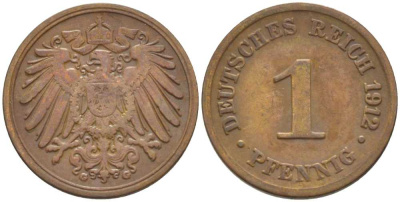 ГЕРМАНИЯ 1 ПФЕННИГ 1912 G KM 10, J. 10, Weege 2 медь 206-414