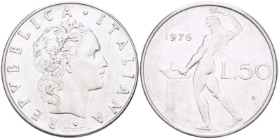 Италия 50 лир 1976 R, бог Вулкан у наковальни KM 95.1 нержавеющая сталь 4523-655