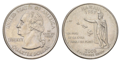 США 25 центов (квотер, 1/4 доллара) 2008 P, Квотер штата Гавайи KM 425 медь плакированный медно-никелем UNC 4629-212