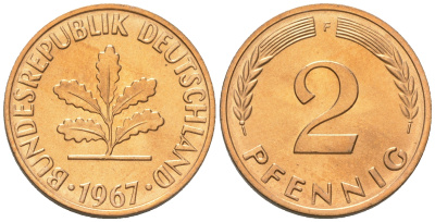 ФРГ 2 пфеннига 1967 F, из ролла J 381, KM 106 бронза  aUNC  M54-12