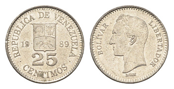 Венесуэла 25 сентимо 1989 Симон Боливар Y 50a сталь плакированная никелем 4664-222