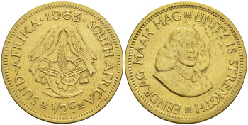 ЮАР 1/2 ЦЕНТА 1963 ЯН ВАН РИБЕК (1619-1677), ГОЛАНДСКИЙ ИССЛЕДОВАТЕЛЬ , МОРЕПЛАВАТЕЛЬ, ОСНОВАТЕЛЬ Г. КЕЙПТАУНА, ДВЕ ПТИЧКИ НА ВЕТКЕ С ЯГОДАМИ KM 56 латунь 4519-534