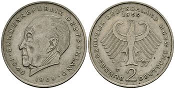 Германия 2 марки 1969 Конрад Аденауэр, 20 лет Федеративной Республике (1949-1969) KM 124 медно-никель 4168-611