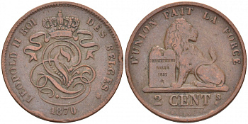 БЕЛЬГИЯ 2 САНТИМА 1870 BELGES KM 35.1 медь 110-145