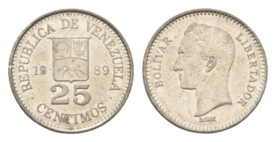 Венесуэла 25 сентимо 1989 Симон Боливар Y 50a сталь плакированная никелем 4664-222