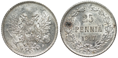 Россия для Финляндии 25 пенни 1917 S, временное правительство, без короны KM 19, Биткин 2 серебро аUNC 71-169