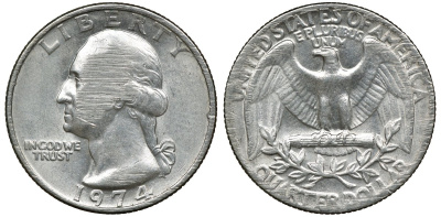 США 25 центов (квотер) 1974 Вашингтон KM 164a медь плакированная медно-никелем 4681-937