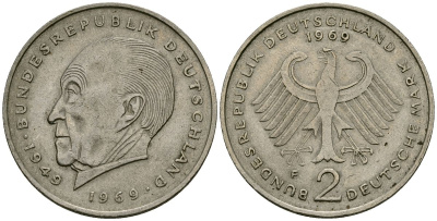 Германия 2 марки 1969 Конрад Аденауэр, 20 лет Федеративной Республике (1949-1969) KM 124 медно-никель 4168-611
