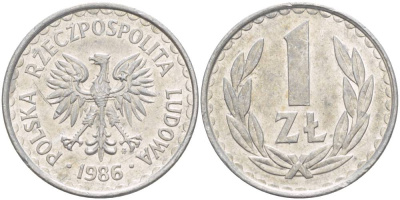 ПОЛЬША 1 ЗЛОТЫЙ 1986 MW KM 49.2 алюминий 4544-555