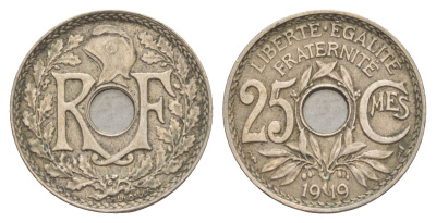 Франция 25 сантимов 1919 KM 867a, Le Franc 171.7 медно-никель 51-2735