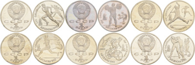 СССР набор из 6 монет по 1 рублю 1991 XXV летние Олимпийские игры в Барселоне 1992 года, в запайке KM 289, 290, 291, 299, 300, 302 медь цинк никель PROOF 1066-8-11-21