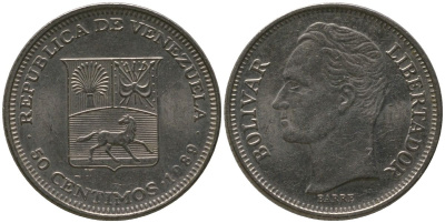 Венесуэла 50 сентимо 1989 KM 41a сталь плакированная никелем 4576-918