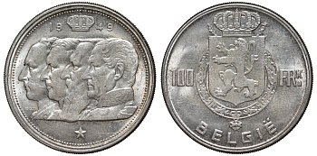 Бельгия 100 франков 1949 Belgie, королевская династия KM 139.1 серебро    1530-631