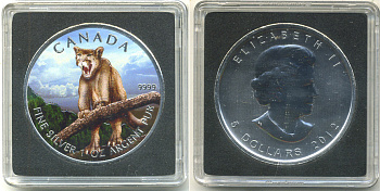 Канада 5 долларов 2012 серия Животный мир Канады, пума, в оригинальной коробке с сертификатом тираж 5000 экз., цветная эмаль серебро UNC 5-5-1-11