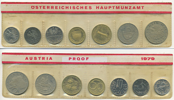Австрия набор из 7 монет  1979  2, 5, 10, 50 грошей, 1, 5, 10 шиллингов, в целлофане KM PS 39 PROOF 4400-2-3