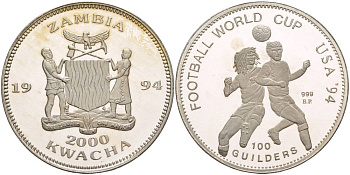 Замбия 2000 квача - 100 гульденов 1994 чемпионат мира по футболу В США 1994 года, два игрока, ошибка (100 Guilders) KM 138 медно-никель PROOF 1081-8-11