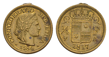 Швейцария игровой жетон в 1/4 франка 1817 диаметр 19 мм, вес 2,5 гр латунь 4651-1247
