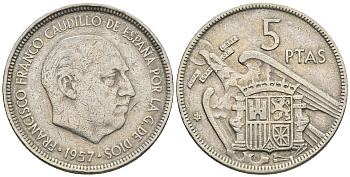Испания 5 песет 1957 (67) Франсиско Франко (1939-1975) KM 786 медно-никель 85-726