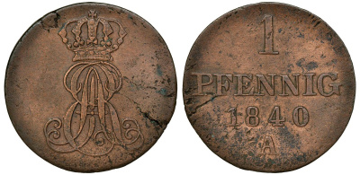 Ганновер 1 пфенниг 1840 A, Эрнст Август (1837-1851) KM 173.1, AKS 126, J. 54 медь 72-1018