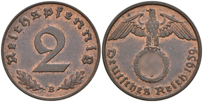 Германия 2 рейхспфеннига 1939 B KM 90, J. 362 бронза 4151-141