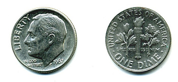 США 10 центов (дайм) 1967 Рузвельт KM 195a медь плакированная медно-никелем 76-239