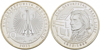 ФРГ 10 евро 2011 G, 200 лет со дня рождения Франца Листа KM 295, DE.S. 10.55 серебро PROOF 11-098-33