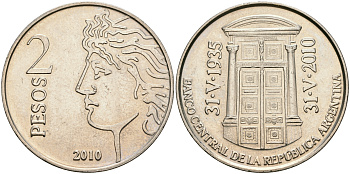 Аргентина 2 песо 2010 75 лет Центральному Банку KM 162 медно-никель UNC 08-633