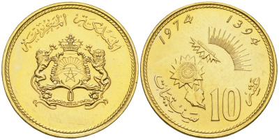 Марокко 10 сантимов 1974 AH1394, FAO Y 60 медь алюминий никель UNC 4154-467