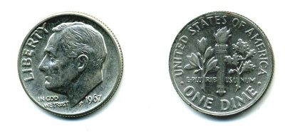 США 10 центов (дайм) 1967 Рузвельт KM 195a медь плакированная медно-никелем 76-239