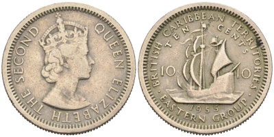 Британские Восточно-Карибские территории 10 центов 1955 Елизавета II (1952-2022), парусник KM 5 медно-никель 4564-568