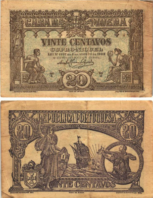 ПОРТУГАЛИЯ 20 СЕНТАВО 1922 4 АВГУСТА 1922 Pick 100 бумага VF 8606-29-3-2