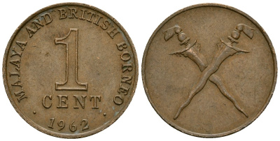 Малайя и Британское Борнео 1 цент 1962 Скрещенные мечи, британские колония KM 6 бронза 4136-826