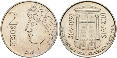 Аргентина 2 песо 2010 75 лет Центральному Банку KM 162 медно-никель UNC 08-633