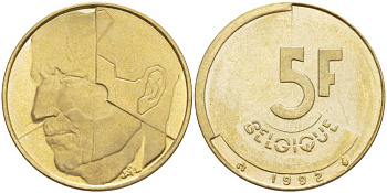БЕЛЬГИЯ 5 ФРАНКОВ 1992 BELGIQUE, БОДУЭН I (1951-1993) KM 163 латунь или алюминиевая бронза 4364-3121