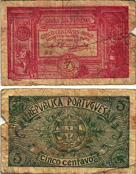 Португалия 5 сентаво бронзовых 1918 Casa da Moeda, красная Pick 98 бумага 7222-34-2-1