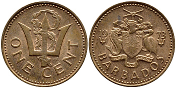 Барбадос 1 цент 1973 сломанный трезубец Британии KM 10 бронза 4396-1251