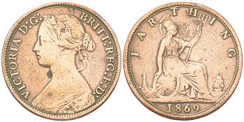 Великобритания 1 фартинг 1869 Виктория (1837-1901) KM 747.2, Spink 3958 бронза 4613-425