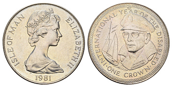 Остров Мэн 1 крона 1981 Международный год инвалидов, Сэр Фрэнсис Чичестер, яхта КМ 80 медно-никель UNC 4386-234