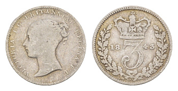 Великобритания 3 пенса 1843 Виктория (1837-1901) KM 730, Spink 3914 серебро 1520-1221