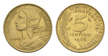 Франция 5 сантимов 1966 тип Morlon KM 933, Le Franc 125.2 алюминиевая бронза 4630-318