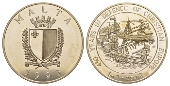Мальта 1 лира = 2 экю 1993 430 лет защите Христианства в Европе KM 103 медно-никель BU 1521-542