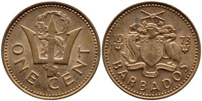 Барбадос 1 цент 1973 сломанный трезубец Британии KM 10 бронза 4396-1251