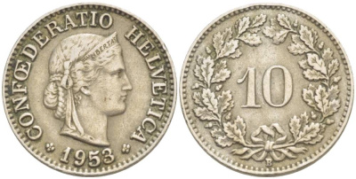 ШВЕЙЦАРИЯ 10 РАППЕНОВ 1953 В KM 27 медно-никель 216-1246
