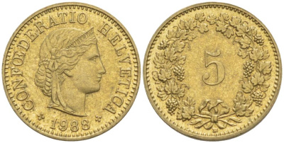 ШВЕЙЦАРИЯ 5 РАППЕНОВ 1988 В KM 26c алюминий латунь 4532-861