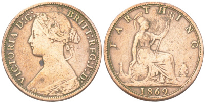 Великобритания 1 фартинг 1869 Виктория (1837-1901) KM 747.2, Spink 3958 бронза 4613-425