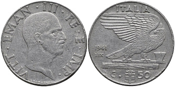 Италия 50 чентезимо 1941 IX год, Виктор Эммануил III (1900-1946), магнитная KM 76b нержавеющая сталь 4171-731