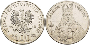 Польша 100 злотых 1988 MW, серия Польские правители, королева Ядвига (1384-1399) KM 183 медно-никель 4542-1021